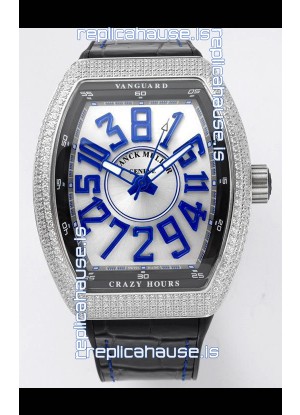 Franck Muller Vanguard Crazy Hours in Stainless Steel Diamonds - White Dial Swiss Replica Watch 