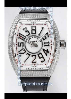 Franck Muller Vanguard Crazy Hours in Stainless Steel Diamonds - White Dial Swiss Replica Watch 