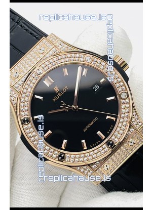 Hublot Classic Fusion Diamonds Rose Gold Black Dial Swiss Replica Watch 1:1 Mirror Quality 