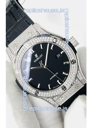 Hublot Classic Fusion Stainless Steel Diamonds Black Dial Swiss Replica Watch 1:1 Mirror Quality 