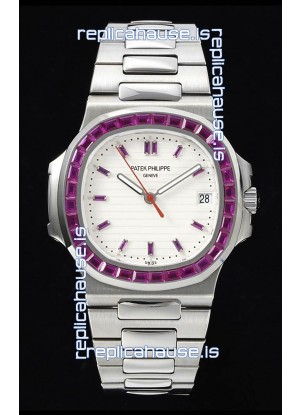 Patek Philippe Nautilus 5711 White Dial 1:1 Mirror Replica in 904L Steel with Rubies Bezel