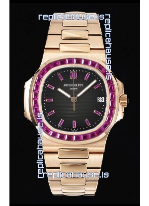 Patek Philippe Nautilus 5711 Black Dial 1:1 Mirror Replica in Rose Gold 904L Steel with Rubies Bezel