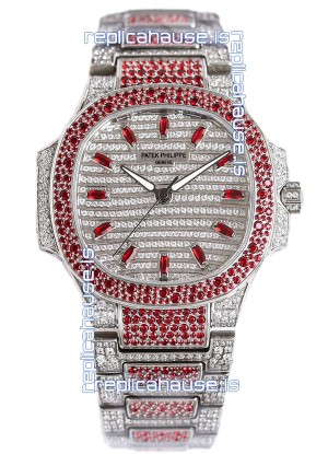 Patek Philippe Nautilus 7118R 35MM 1:1 Red Diamonds Paved Watch in Steel Casing 