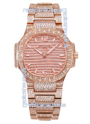 Patek Philippe Nautilus 7118R 35MM 1:1 Diamonds Paved Watch in Rose Gold Casing