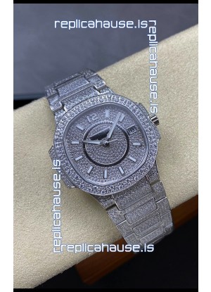 Patek Philippe Nautilus 7010 Diamonds Paved Stainless Steel 32MM 1:1 Mirror Replica - Genuine Diamonds