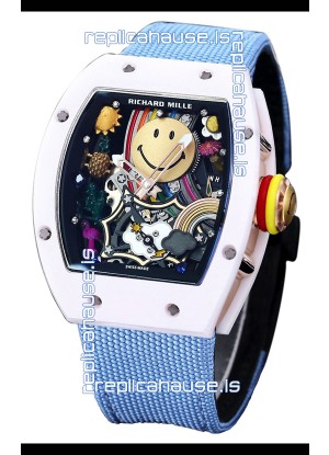 Richard Mille RM088 Smiley Tourbillon White Ceramic Casing Blue Nylon Strap Replica Watch 