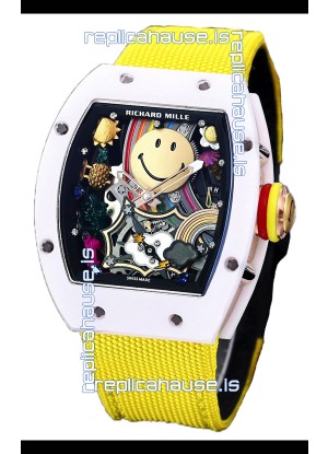 Richard Mille RM088 Smiley Tourbillon White Ceramic Casing Yellow Nylon Strap Replica Watch 