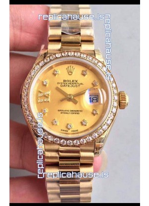 Rolex Datejust Ladies 28MM Cal.3135 Movement Swiss Replica in Gold Dial - 904L Steel Yellow Gold Case