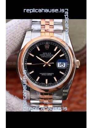 Rolex Datejust 36MM Cal.3135 Movement Swiss Replica Watch in 904L Steel Two Tone Casing Black Dial