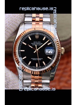 Rolex Datejust 36MM Cal.3135 Movement Swiss Replica Watch in 904L Steel Two Tone Casing Black Dial