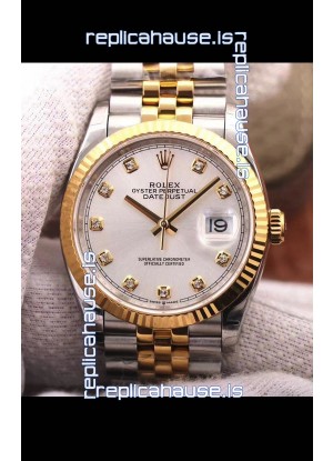 Rolex Datejust 36MM Cal.3135 Movement Swiss Replica Watch in 904L Steel Two Tone Casing Silver Dial