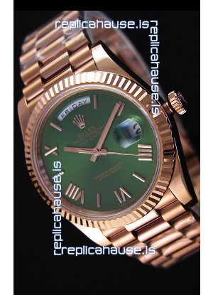 Rolex Day Date Japanese Replica Watch - Rose Gold Casing in Green Dial 40MM