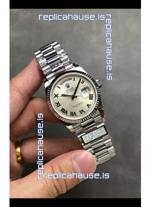 Rolex Day Date Super Clone Stainless Steel Silver Dial Roman Numerals Watch 36MM - 1:1 Mirror Quality
