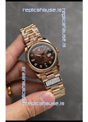 Rolex Day Date Super Clone Rose Gold Brown Dial Diamonds Numerals Watch 36MM - 1:1 Mirror Quality