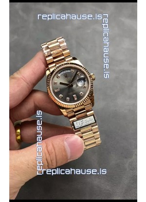 Rolex Day Date Super Clone Rose Gold Grey Dial Diamonds Numerals Watch 36MM - 1:1 Mirror Quality
