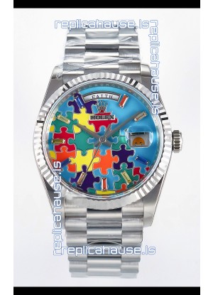 Rolex Day Date Emoji Jig-Saw Puzzle Stainless Steel Casing Swiss Replica Watch 