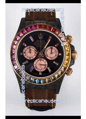 Rolex Daytona Super Clone DiW Carbon Edition Rainbow Bezel - Forged Carbon Casing Khaki Strap 1:1 Mirror Replica