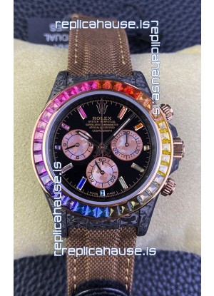 Rolex Daytona DiW Carbon Edition Rainbow Bezel - Forged Carbon Casing Khaki Strap 1:1 Mirror Replica