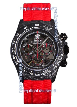 Rolex Daytona DiW Skeleton Carbon Edition Watch - Forged Carbon Casing Red Strap 1:1 Mirror Replica