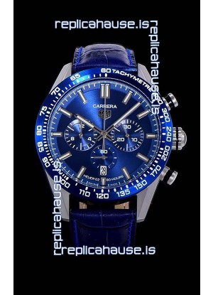 Tag Heuer Carrera Swiss Quartz Movement Replica Watch in Blue Dial - Blue Leather Strap