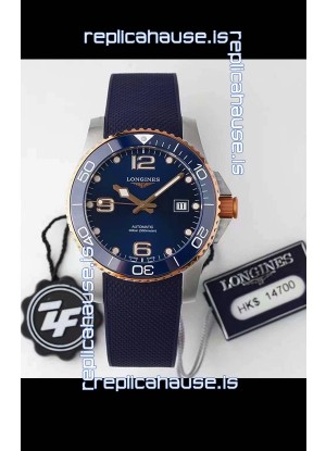 Longines HydroConquest 1:1 Swiss Replica Watch in Blue Dial Rubber Strap Rose Gold Bezel