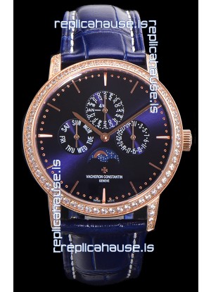 Vacheron Constantin Patrimony Perpetual Calendar Ultra-Thin Rose Gold Blue Dial Swiss Replica
