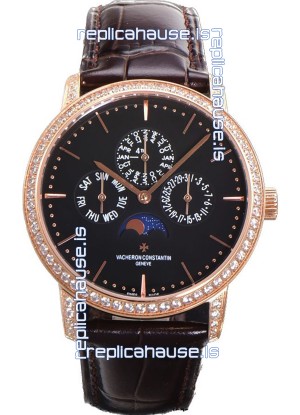 Vacheron Constantin Patrimony Perpetual Calendar Ultra-Thin Rose Gold Black Dial Swiss Replica