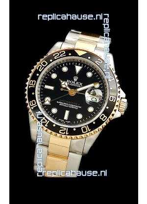 Rolex GMT Master II Swiss Replica Two Tone Gold Watch in Black Dial