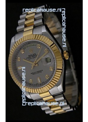 Rolex Day Date Just Japanese Replica Two Tone Gold Watch in Grey Dial