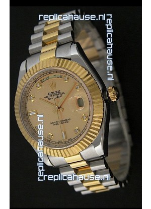 Rolex Day Date Just Japanese Replica Two Tone Gold Watch in Golden Dial