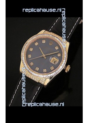 Rolex DateJust Japanese Mens Replica Yellow Gold Watch in Black Mother of Pearl Dial