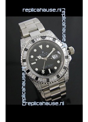 Rolex GMT Master II Swiss Replica Steel Watch in Diamond Bezel 