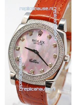 Rolex Cellini Cestello Ladies Swiss Watch in Pink Pearl Face Diamonds Hour, Bezel and Lugs