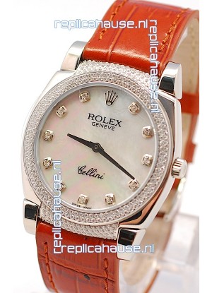 Rolex Cellini Cestello Ladies Swiss Watch in White Pearl Face Diamonds Hour, Bezel and Lugs