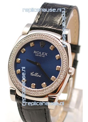 Rolex Cellini Cestello Ladies Swiss Watch in Dark Blue Face and Diamond Bezel