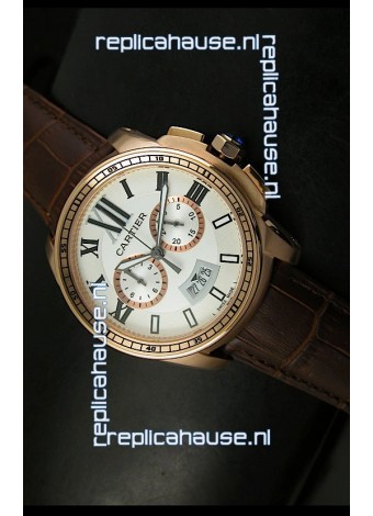 Calibre De Cartier Chronograph Japanese Replica Watch in Pink Gold