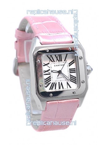 Cartier Santos 100 Japanese Ladies Replica Watch in Pink Leather Strap