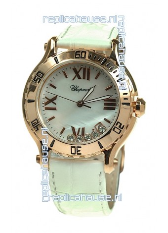 Chopard Happy Sport Diamonds Edition Replica Gold Watch in White Strap