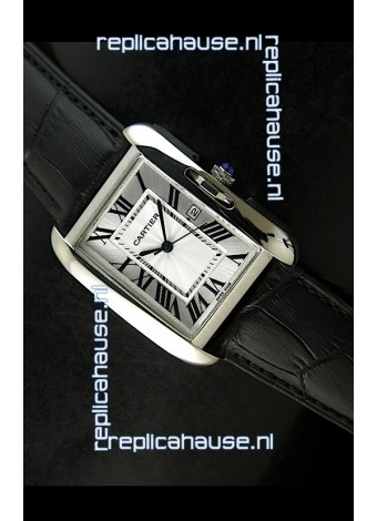 Cartier Tank Ladies Replica Watch in Steel Case/Black Strap