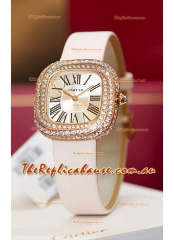Coussin De Cartier Rose Gold Swiss Replica Watch White Strap 