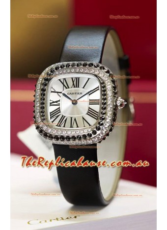 Coussin De Cartier Steel Watch Swiss Replica Watch Black Strap 