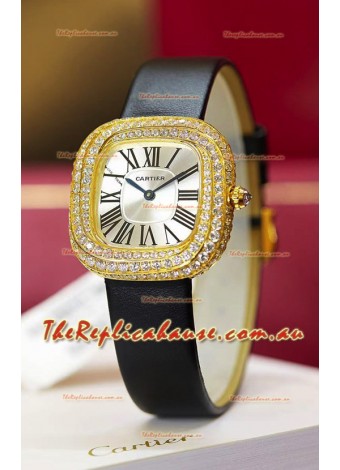 Coussin De Cartier Yellow Gold Swiss Replica Watch Black Strap 