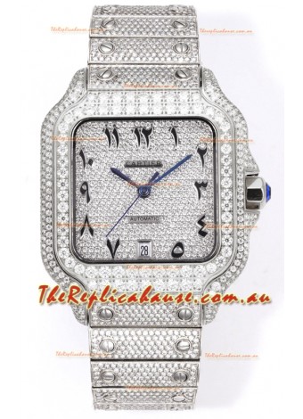 Cartier "Santos De Cartier" Stainless Steel W/ Diamonds Arabic Dial 1:1 Mirror Replica - 40MM - Genuine Diamonds