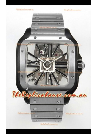 Santos De Cartier Super Clone Watch in Skeleton Dial Brushed DLC Coated Steel Casing Watch 