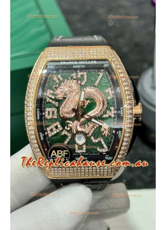 Franck Muller Vanguard Yachting Dragon V45 Green Dial in Gold Diamonds Bezel Swiss Replica
