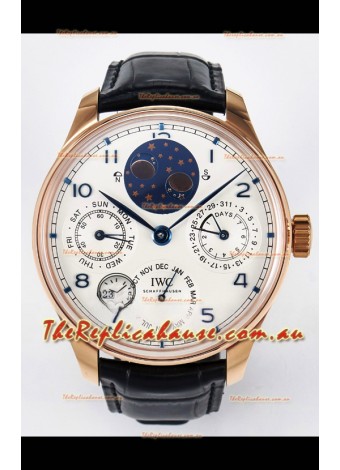 IWC Super Clone Portuguese Perpetual Calendar Rose Gold White Dial Replica Watch 
