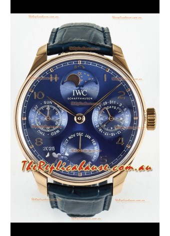IWC Super Clone Portuguese Perpetual Calendar Rose Gold Blue Dial Replica Watch 