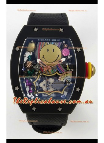Richard Mille Super Clone RM088 Smiley Tourbillon Black Ceramic Velcro Strap Watch 