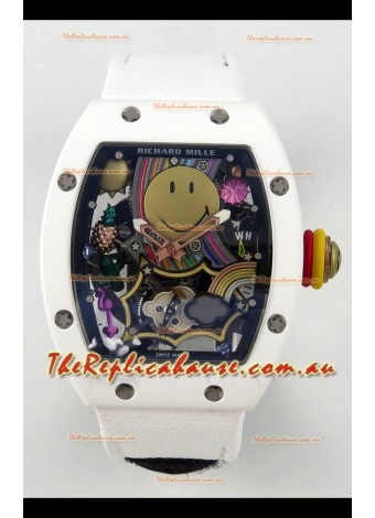 Richard Mille Super Clone RM088 Smiley Tourbillon White Ceramic Velcro Strap Watch 