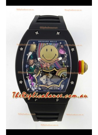 Richard Mille Super Clone RM088 Smiley Tourbillon Black Ceramic Rubber Strap Watch 